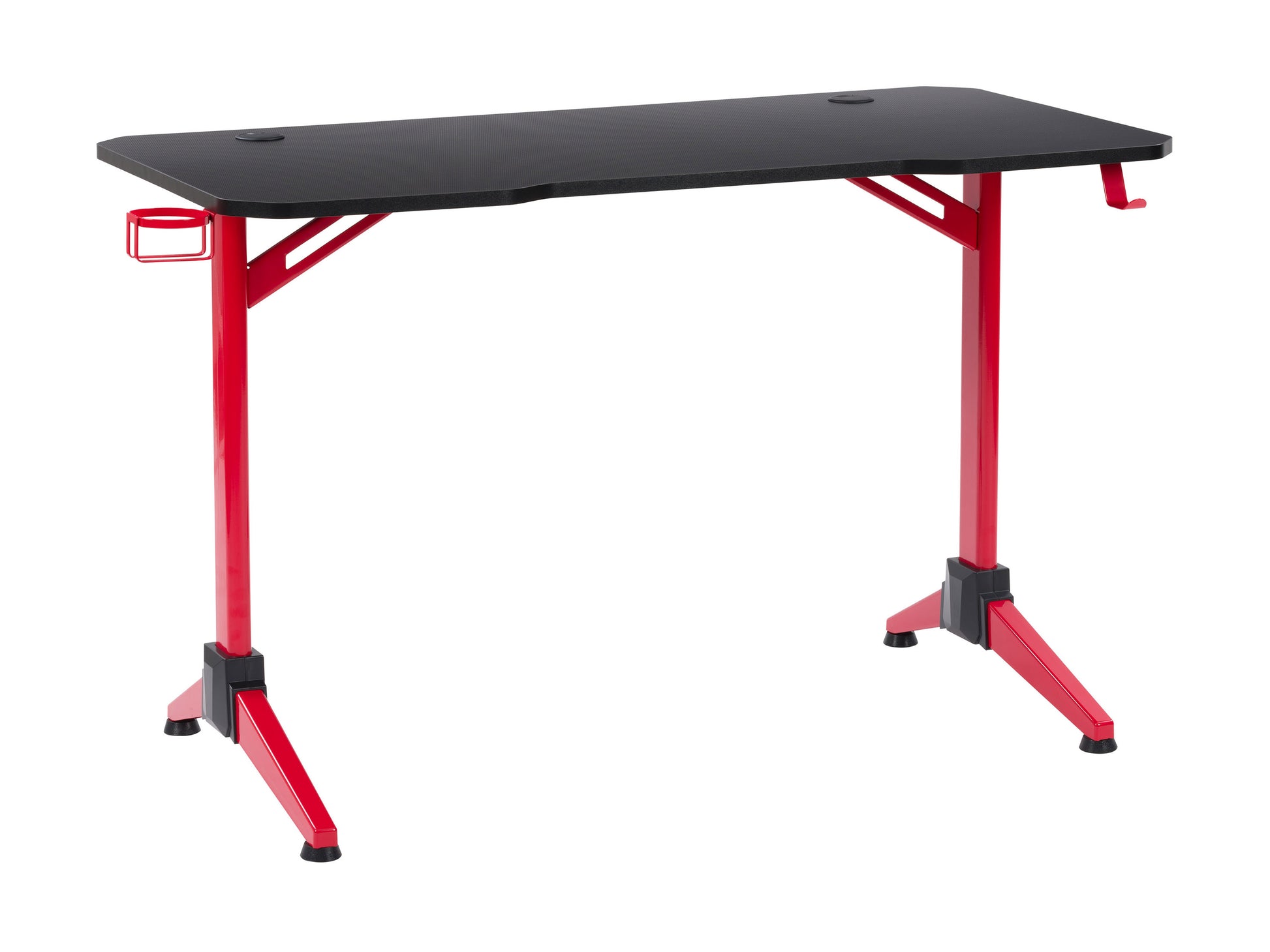 Red and black gaming desk with sleek design, built-in cup holder, headphone hook, carbon fiber texture surface, and sturdy metal frame for optimal gaming setup.