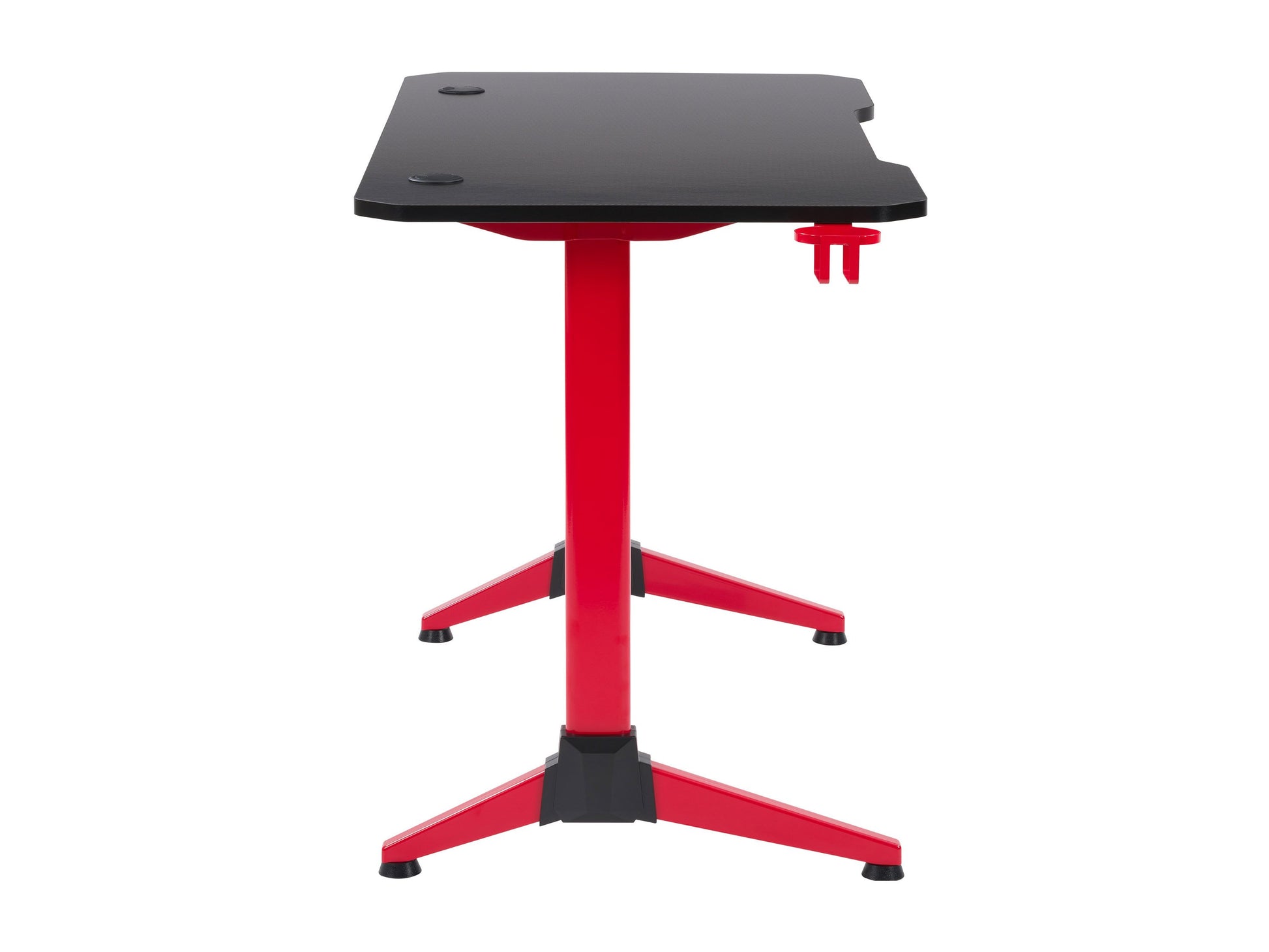 Red and black gaming desk with sleek metal frame, carbon fiber texture, and built-in cable management system.