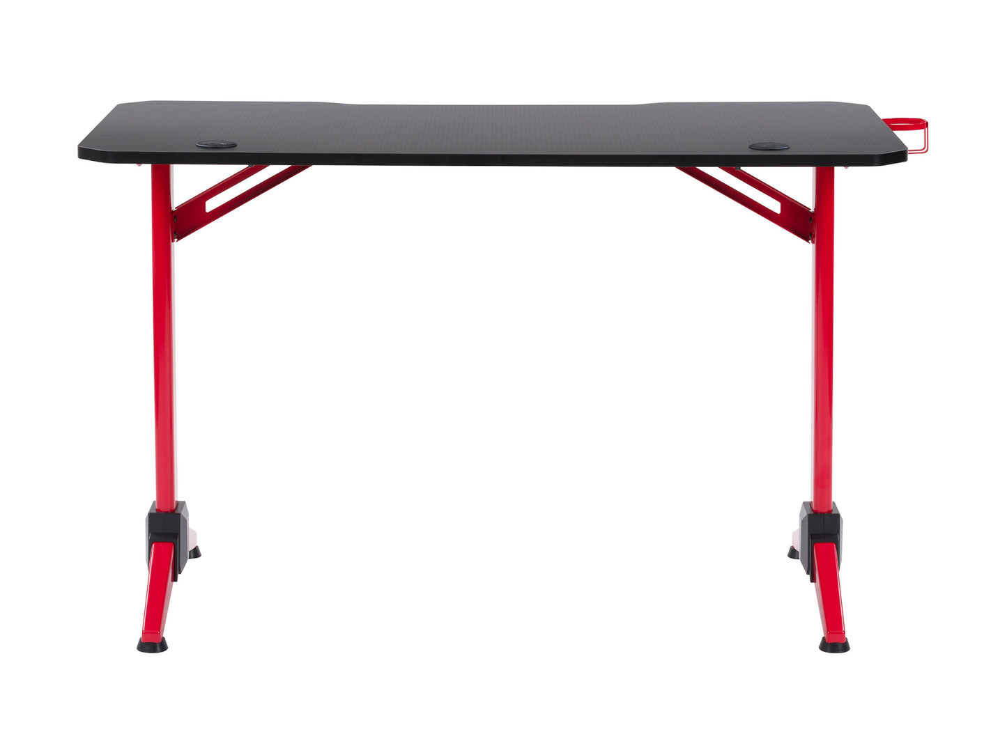 Red and black gaming desk with sleek metal frame, carbon fiber textured surface, built-in cable management, cup holder, and headphone hook. Ideal for gamers seeking a stylish and functional workspace.