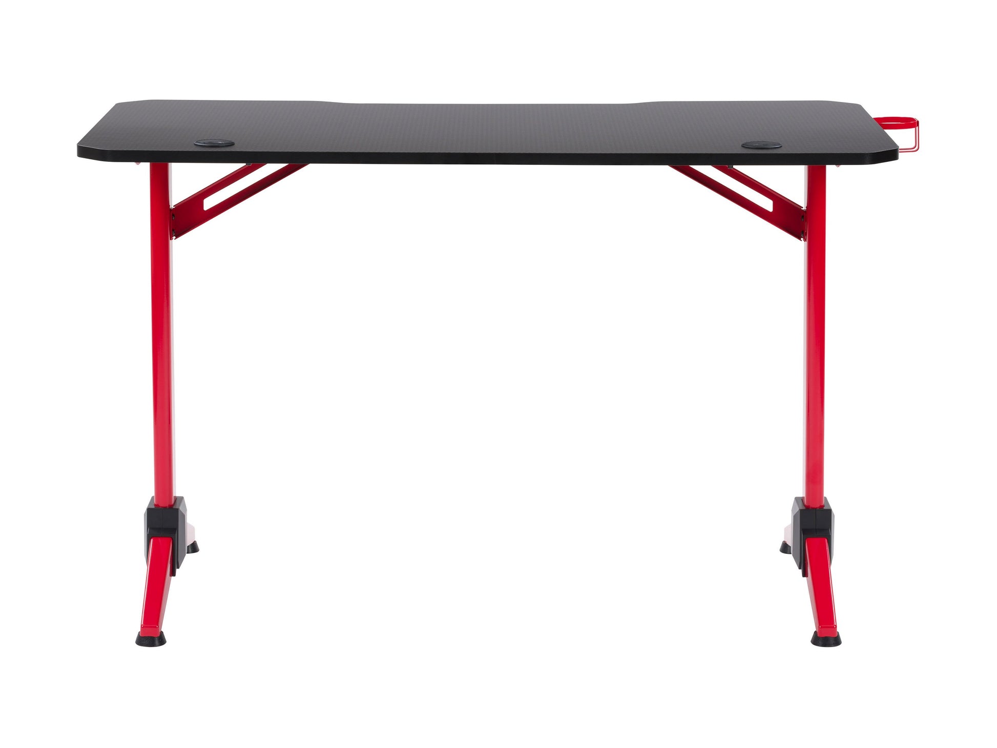 Red and black gaming desk with sleek metal frame, carbon fiber textured surface, built-in cable management, cup holder, and headphone hook. Ideal for gamers seeking a stylish and functional workspace.