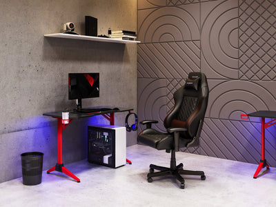 Red and Black Gaming Desk with LED Lights Conqueror Collection lifestyle scene by CorLiving#color_red-and-black