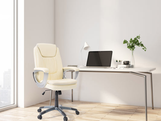 Cream office chair with ergonomic design, padded seat, and backrest, featuring chrome legs and swivel base, perfect for modern office settings.
