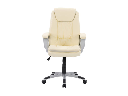 Cream office chair with cushioned seat and backrest, chrome metal base, and adjustable height lever. Ideal for modern office setups, combining comfort and style with a minimalist design.