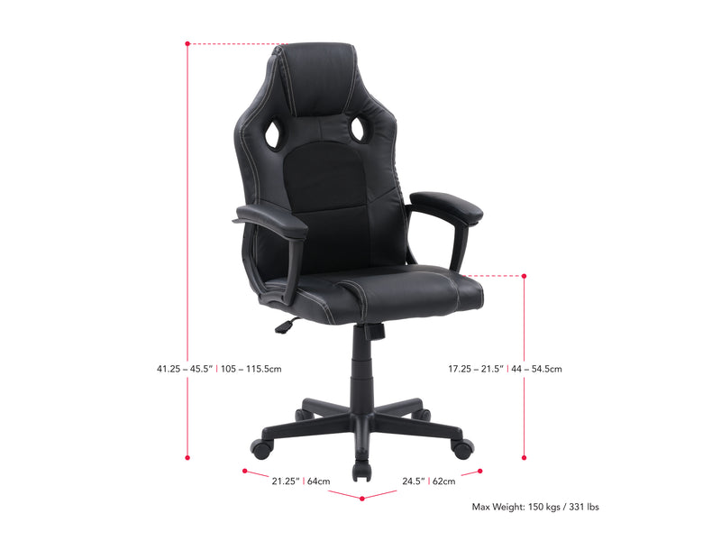 black Reclining Gaming Chair Slayer Collection measurements diagram by CorLiving