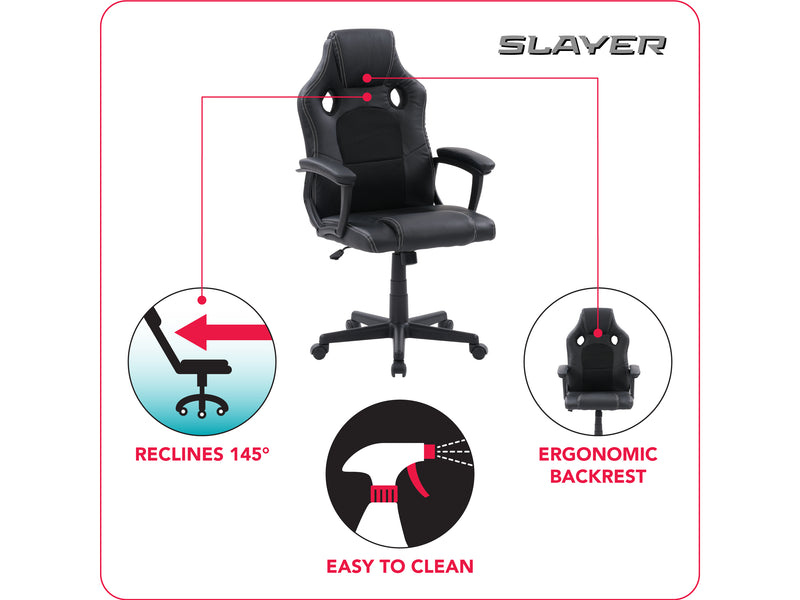 black Reclining Gaming Chair Slayer Collection infographic by CorLiving