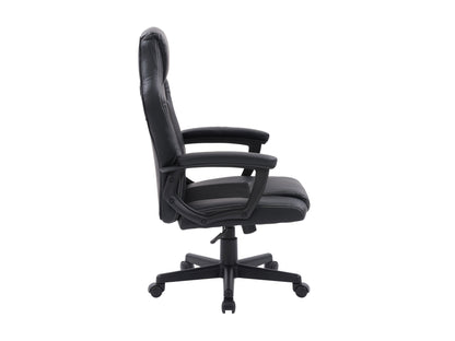 Reclining gaming chair in black and red faux leather with ergonomic design, high backrest, adjustable armrests, built-in lumbar support, and a retractable footrest. Ideal for gamers seeking comfort and style.