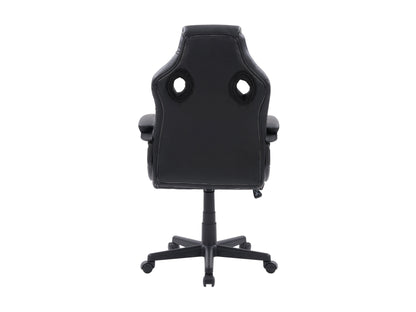 Black and red reclining gaming chair with ergonomic design, adjustable armrests, lumbar support cushion, and high-density foam padding. Ideal for gamers seeking comfort and style in their setup.