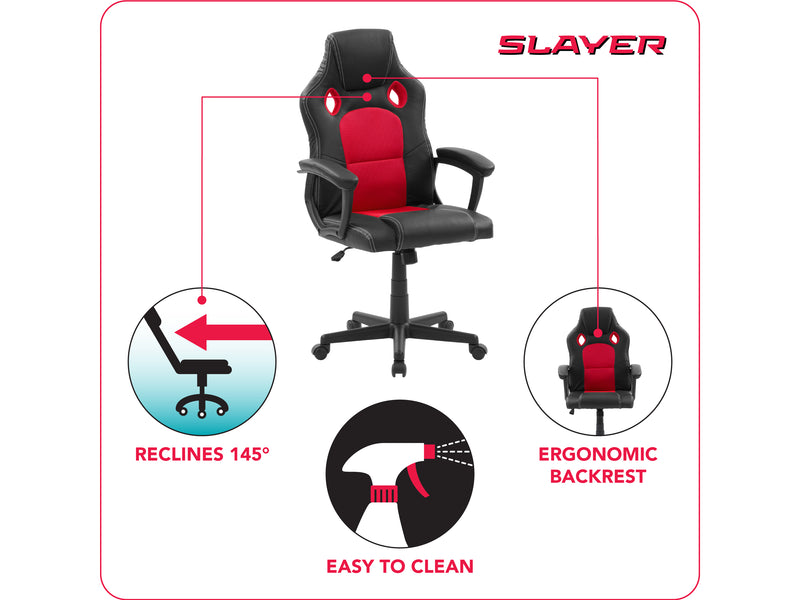 red and black Reclining Gaming Chair Slayer Collection infographic by CorLiving