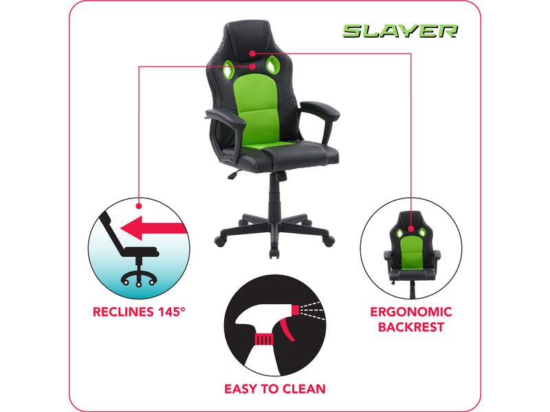 green and black Reclining Gaming Chair Slayer Collection infographic by CorLiving