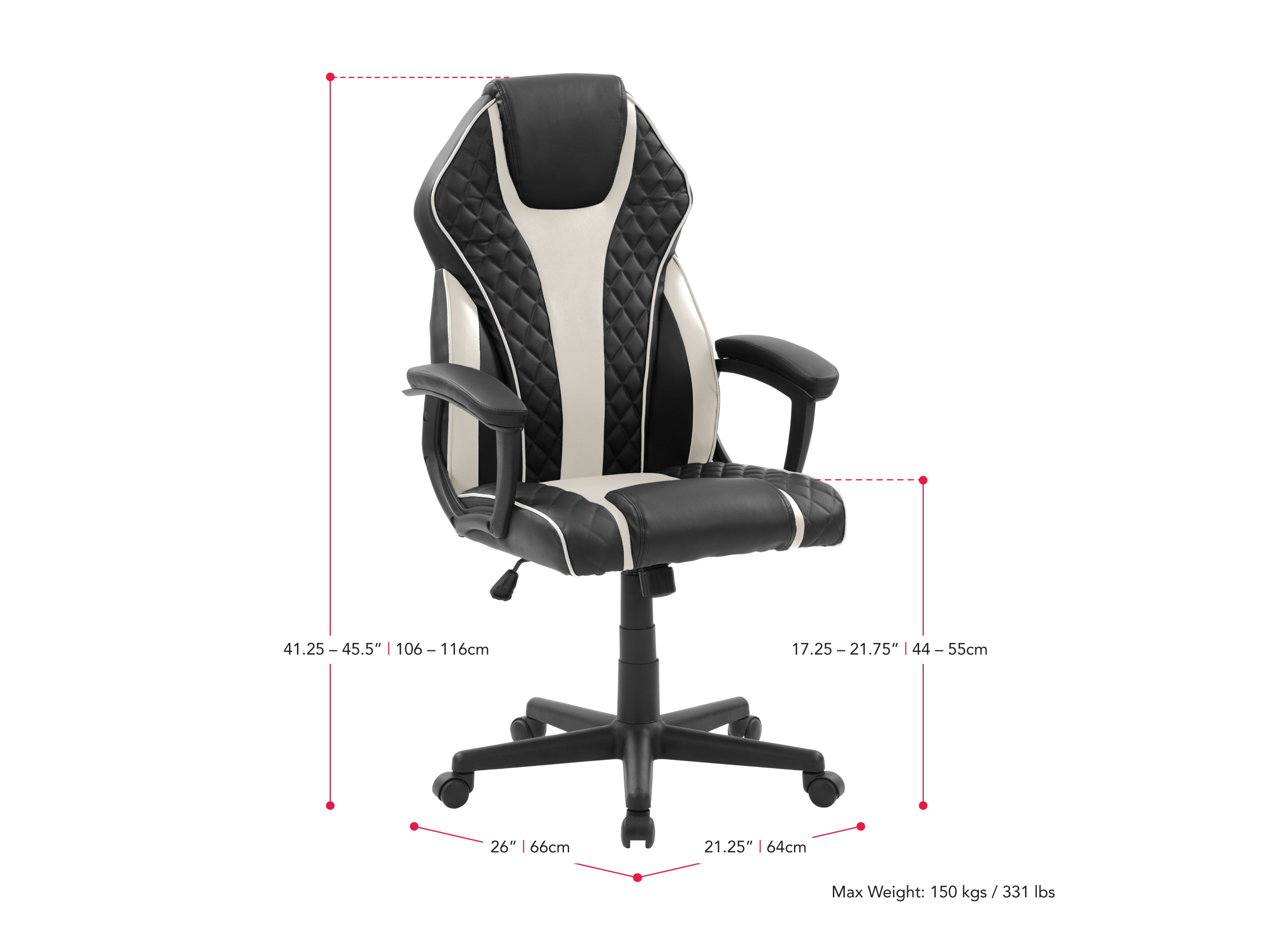 white and black Ergonomic Gaming Chair Thrasher Collection measurements diagram by CorLiving#color_white-and-black
