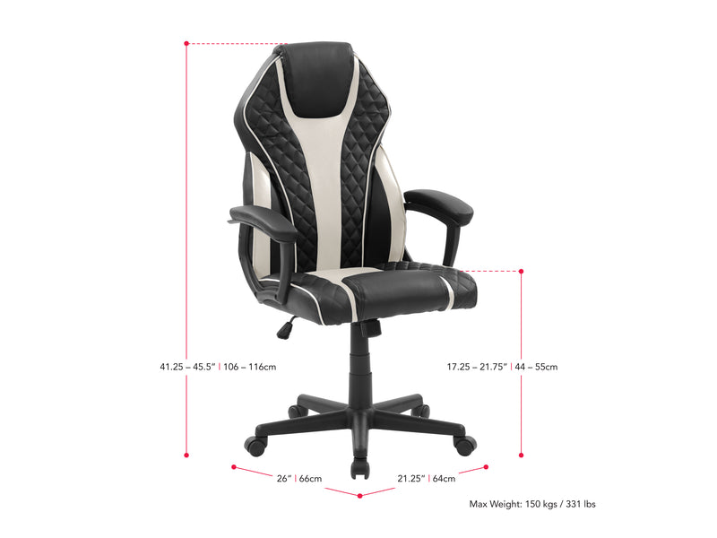 white and black Ergonomic Gaming Chair Thrasher Collection measurements diagram by CorLiving