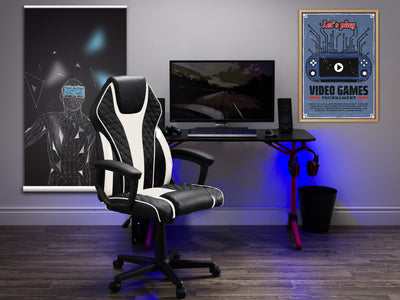 white and black Ergonomic Gaming Chair Thrasher Collection lifestyle scene by CorLiving#color_white-and-black