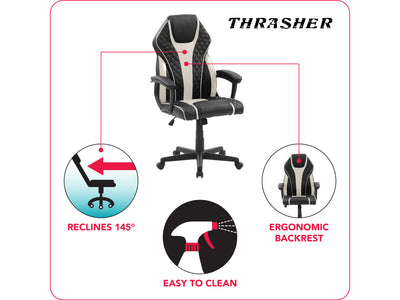 white and black Ergonomic Gaming Chair Thrasher Collection infographic by CorLiving#color_white-and-black