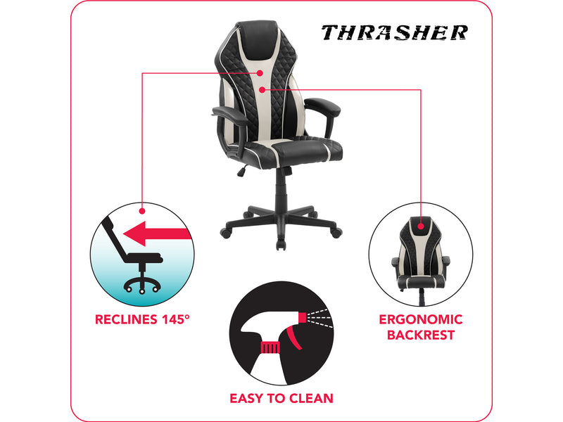 white and black Ergonomic Gaming Chair Thrasher Collection infographic by CorLiving