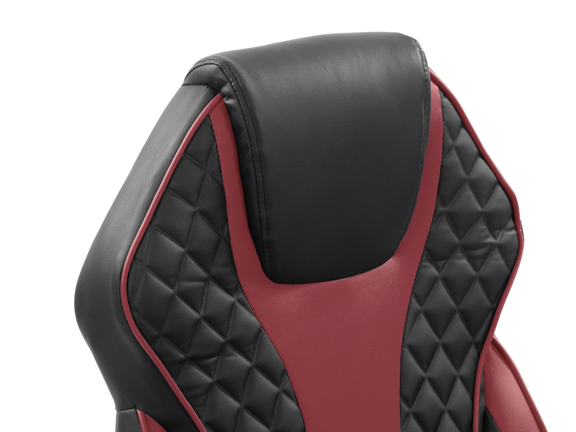 Ergonomic gaming chair in black and red faux leather with adjustable armrests, high backrest, lumbar support, and swivel base.