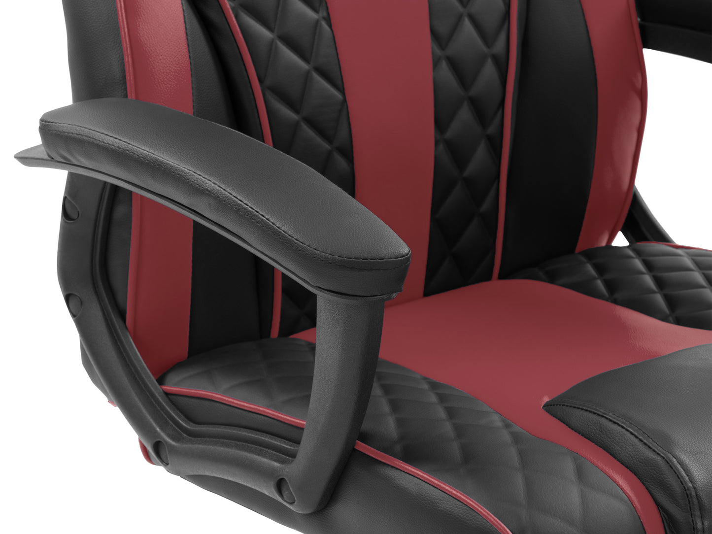Ergonomic gaming chair with black and red leather upholstery, high backrest, adjustable armrests, lumbar support, and smooth-rolling casters.