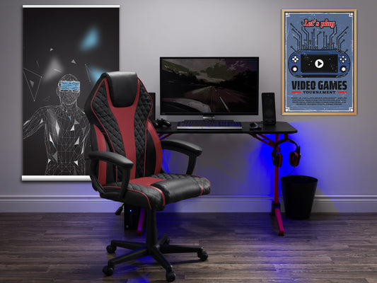 Black ergonomic gaming chair with red accents, breathable mesh back, adjustable armrests, high-density foam seat, and lumbar support, perfect for gamers seeking comfort and style.