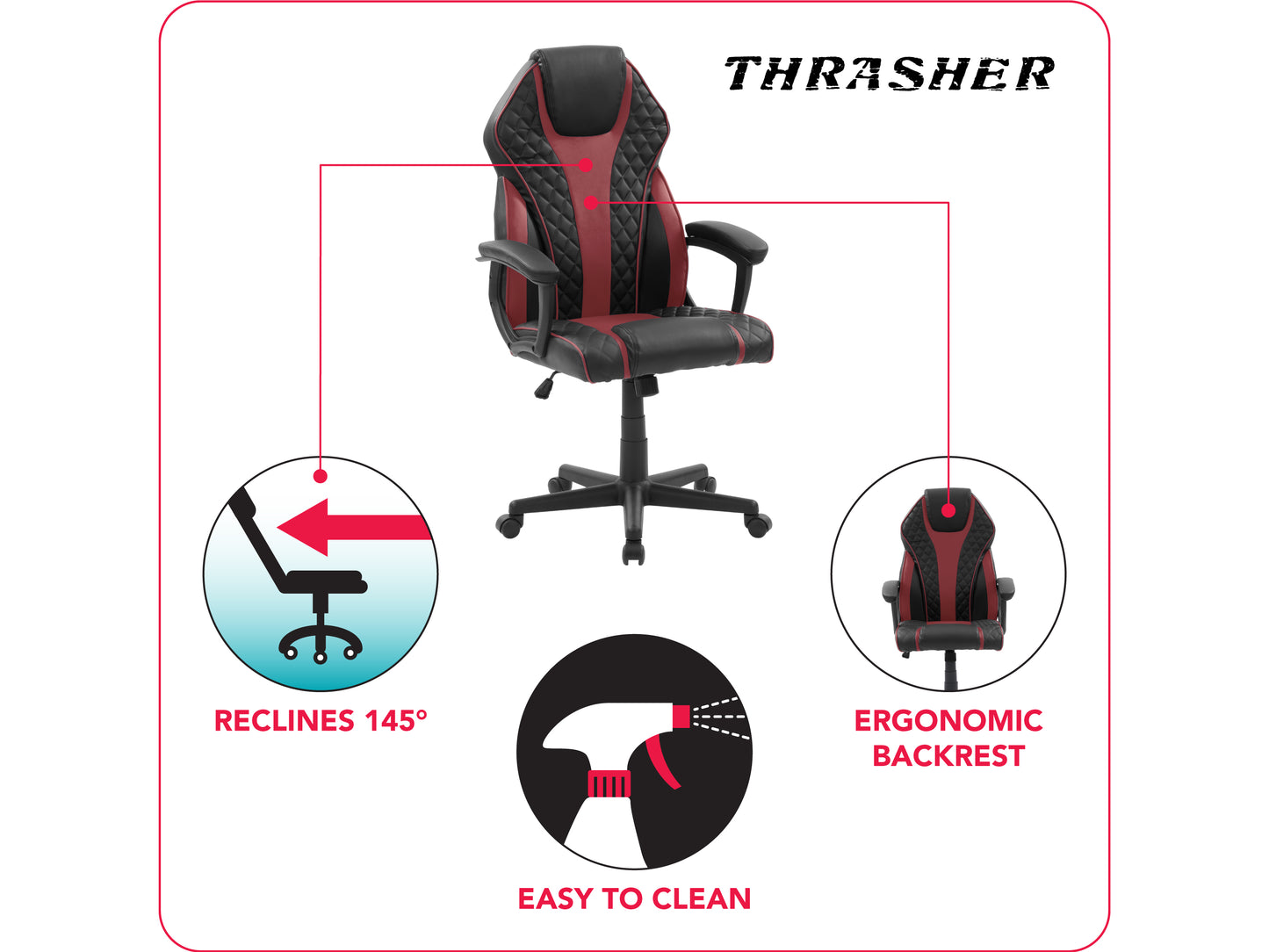 Ergonomic gaming chair with black and red faux leather, high backrest, adjustable armrests, lumbar support, and smooth-rolling casters, designed for comfort and durability during long gaming sessions.