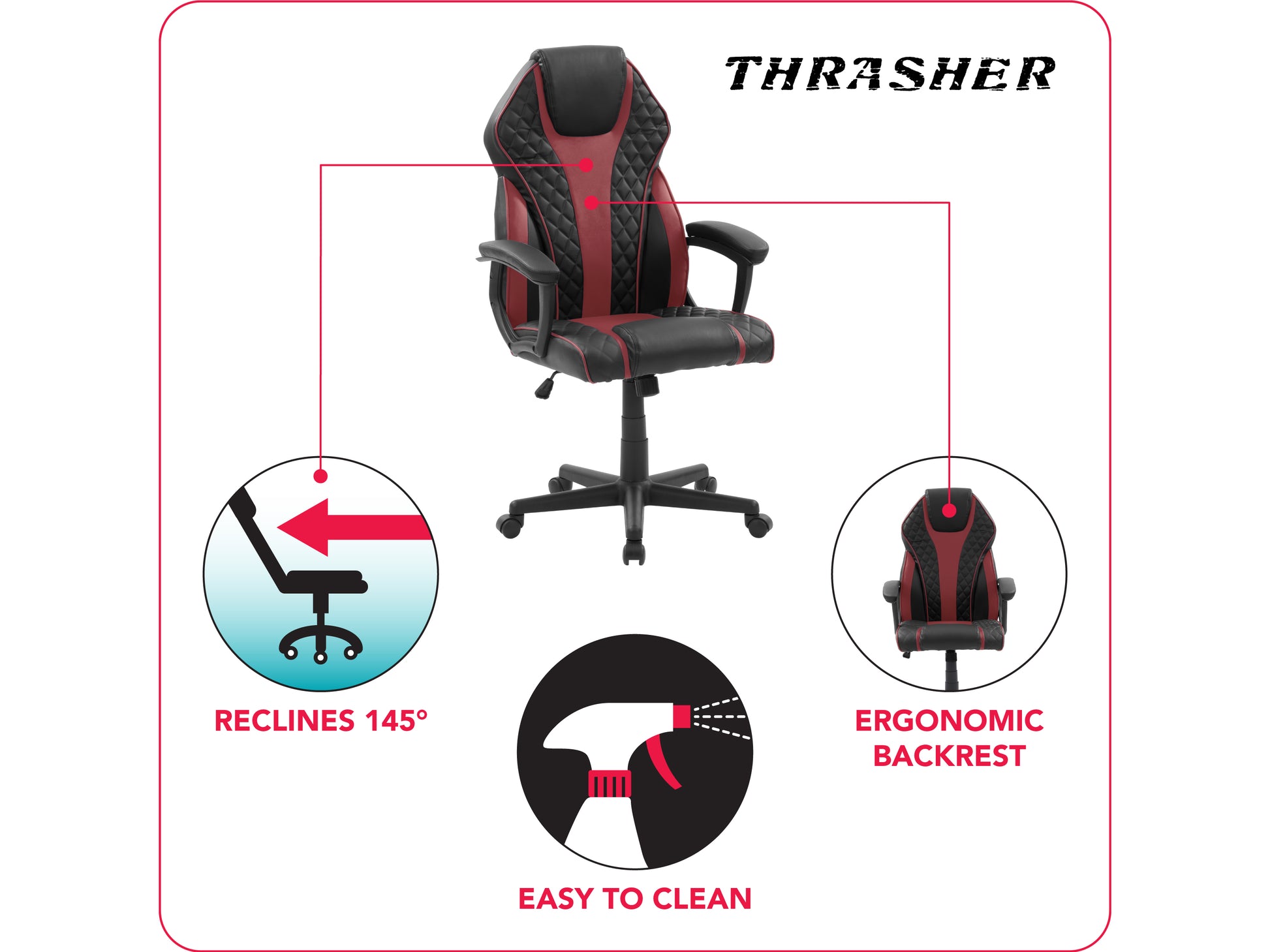 Ergonomic gaming chair with black and red faux leather, high backrest, adjustable armrests, lumbar support, and smooth-rolling casters, designed for comfort and durability during long gaming sessions.