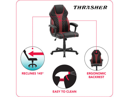 Ergonomic gaming chair with black and red faux leather, high backrest, adjustable armrests, lumbar support, and smooth-rolling casters, designed for comfort and durability during long gaming sessions.