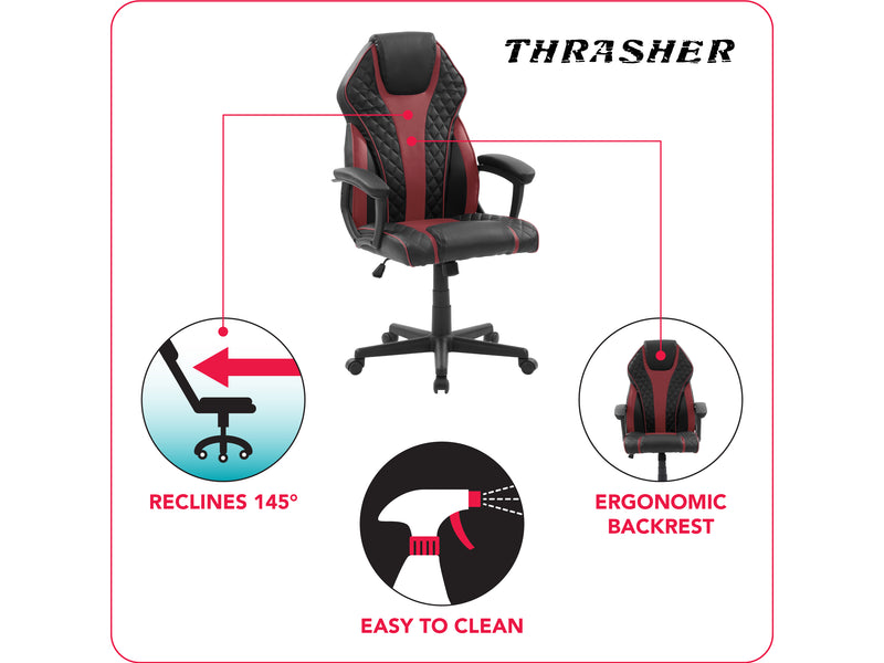red and black Ergonomic Gaming Chair Thrasher Collection infographic by CorLiving