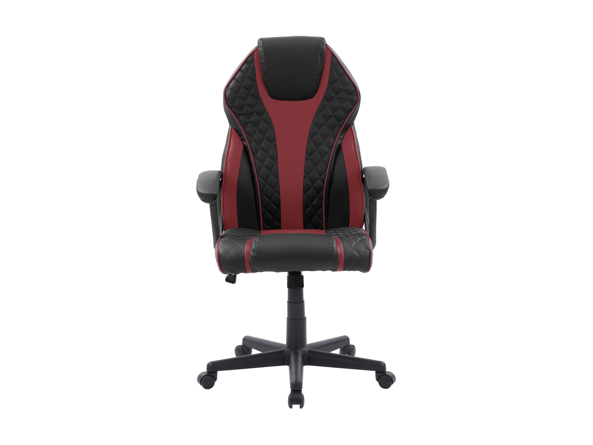 Ergonomic gaming chair with black and red faux leather, adjustable armrests, high backrest, and lumbar support pillow for comfort during long gaming sessions.