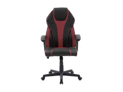Ergonomic gaming chair with black and red faux leather, adjustable armrests, high backrest, and lumbar support pillow for comfort during long gaming sessions.