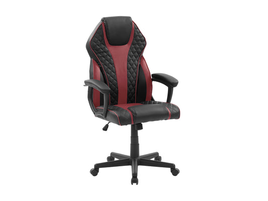 Ergonomic gaming chair with black and red PU leather, high backrest, adjustable armrests, lumbar support cushion, and smooth-rolling casters.
