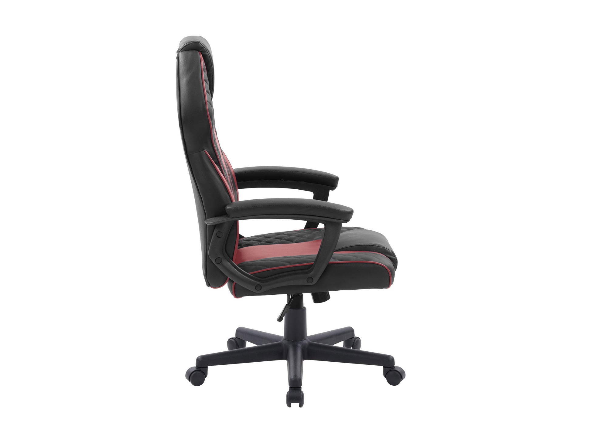 Ergonomic gaming chair with black and red PU leather, high backrest, adjustable armrests, lumbar support cushion, and smooth-rolling casters.