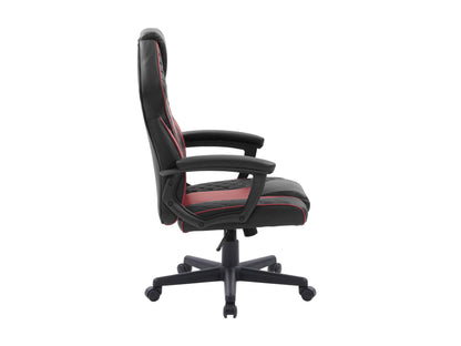 Ergonomic gaming chair with black and red PU leather, high backrest, adjustable armrests, lumbar support cushion, and smooth-rolling casters.
