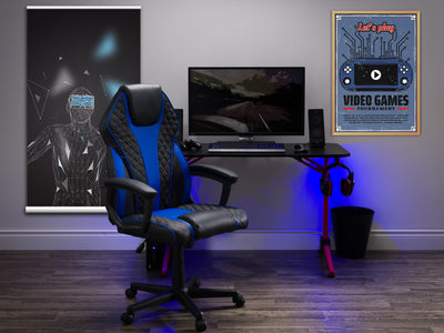 blue and black Ergonomic Gaming Chair Thrasher Collection lifestyle scene by CorLiving#color_blue-and-black