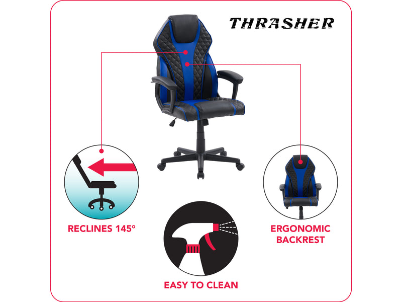 blue and black Ergonomic Gaming Chair Thrasher Collection infographic by CorLiving