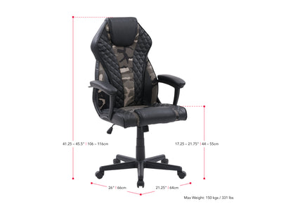 camo and black Ergonomic Gaming Chair Thrasher Collection measurements diagram by CorLiving#color_camo-and-black