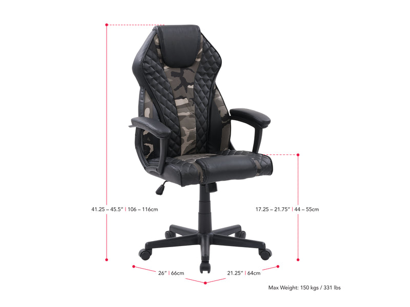 camo and black Ergonomic Gaming Chair Thrasher Collection measurements diagram by CorLiving