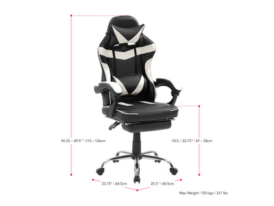 white and black Gaming Chair with Footrest Demolisher Collection measurements diagram by CorLiving#color_white-and-black
