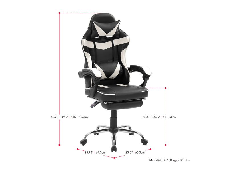 white and black Gaming Chair with Footrest Demolisher Collection measurements diagram by CorLiving