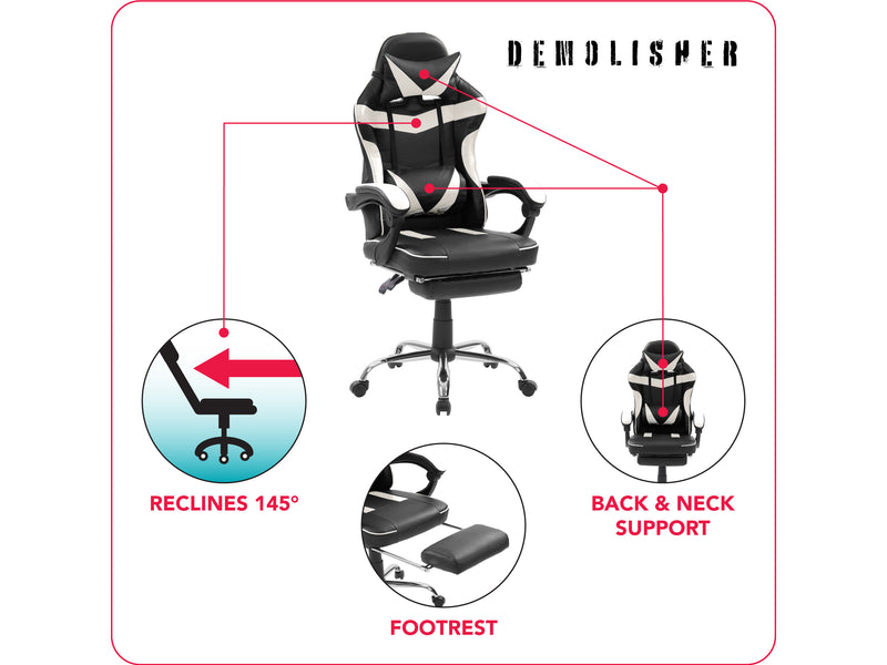 white and black Gaming Chair with Footrest Demolisher Collection infographic by CorLiving