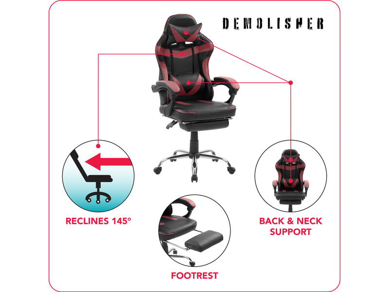 red and black Gaming Chair with Footrest Demolisher Collection infographic by CorLiving