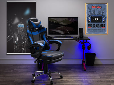 blue and black Gaming Chair with Footrest Demolisher Collection lifestyle scene by CorLiving#color_blue-and-black