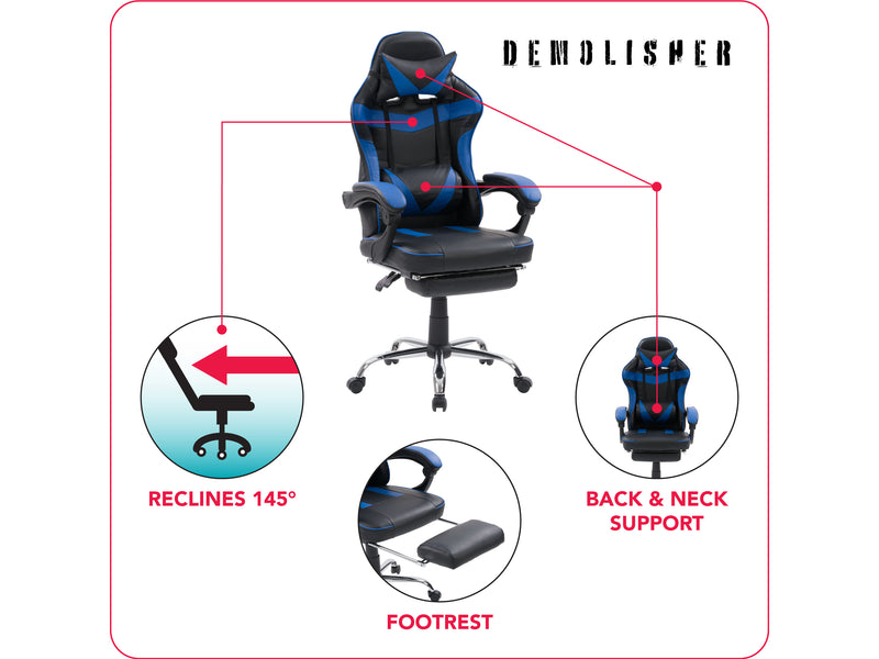blue and black Gaming Chair with Footrest Demolisher Collection infographic by CorLiving