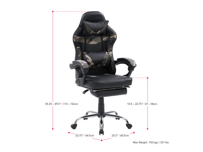 grey and black Gaming Chair with Footrest Demolisher Collection measurements diagram by CorLiving#color_grey-and-black