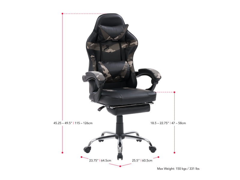 grey and black Gaming Chair with Footrest Demolisher Collection measurements diagram by CorLiving