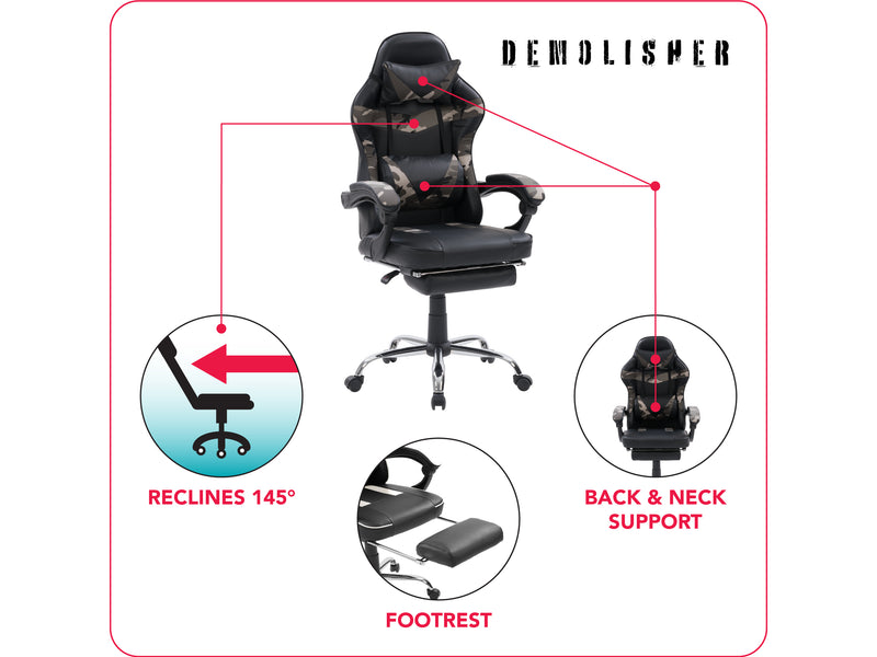 grey and black Gaming Chair with Footrest Demolisher Collection infographic by CorLiving