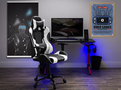 white and black Recliner Gaming Chair Predator Collection lifestyle scene by CorLiving#color_white-and-black