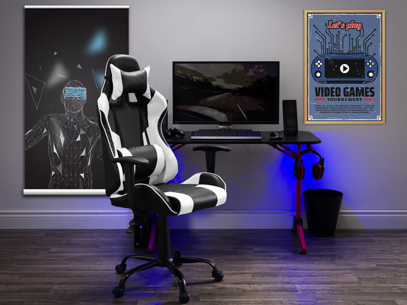 white and black Recliner Gaming Chair Predator Collection lifestyle scene by CorLiving