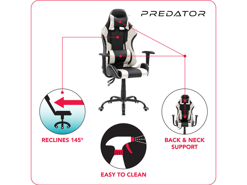 white and black Recliner Gaming Chair Predator Collection infographic by CorLiving