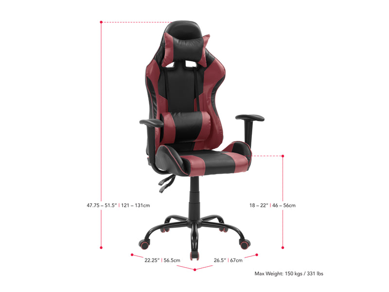red and black Recliner Gaming Chair Predator Collection measurements diagram by CorLiving