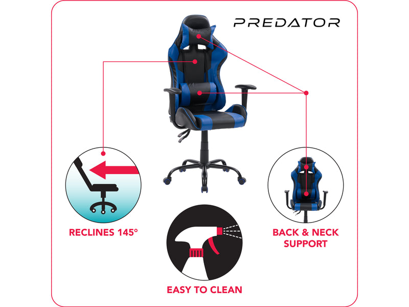 blue and black Recliner Gaming Chair Predator Collection infographic by CorLiving