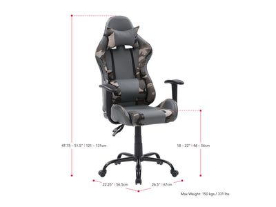 grey and camo Recliner Gaming Chair Predator Collection measurements diagram by CorLiving#color_grey-and-camo