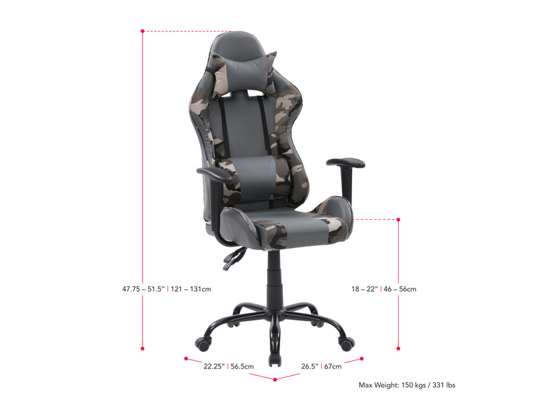 grey and camo Recliner Gaming Chair Predator Collection measurements diagram by CorLiving